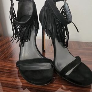 Stuart Weitzman Suede Fringe Ankle Strap Stiletto Shoes.